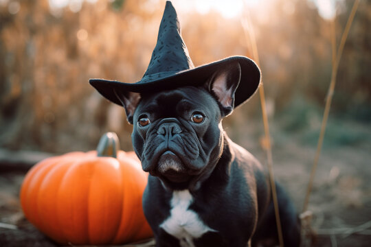 French Bulldog dog dresses up with Halloween costume witch hat with pumpkin. 