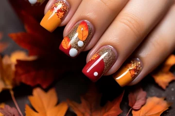  Woman's fingernails with orange and gold colored nail polish with autumn forest themed design © Firn