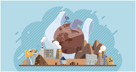 Waste pollution. People cooperating for recycling waste, growing plants and choosing renewable resources. Toxic waste from human. Global warming, climate change, plastic pollution and ecology problems