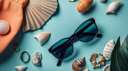 Beach essentials (sunglasses, sunscreen, seashells), Solid blue background, Flat lay,  - obrazy, fototapety, plakaty