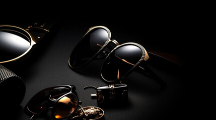 Stylish fashion accessories (watches, sunglasses, jewelry), Solid black background, Flat lay, 