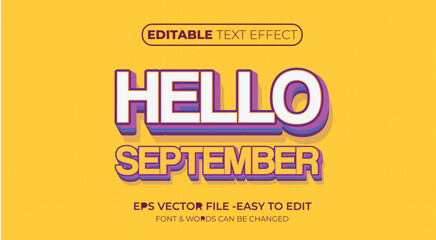 Editable text effect Hello September 3d Cartoon template style premium vector