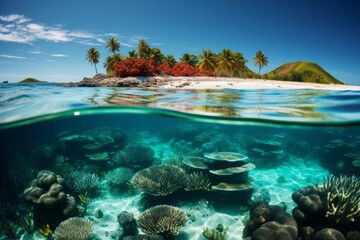 Naklejka na ściany i meble Vibrant Coral Atoll Surrounded By Turquoise Water, Generative AI.