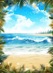 Summer background with tropical palm leaves, sand and ocean.