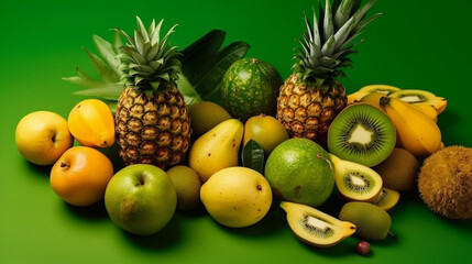 Tropical fruits (pineapple, kiwi, mango), Solid green background, Flat lay, 