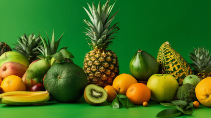 Naklejka na ściany i meble Tropical fruits (pineapple, kiwi, mango), Solid green background, Flat lay, 