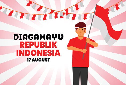 Greeting card for Indonesia's Independence Day.August 17.Flat illustration design of a raised hand holding a flag vector. Suitable for posters, banners, and social media posts.