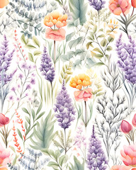 Wild Flowers bloom watercolor  seamless pattern