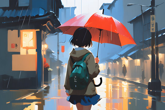 Girl with an umbrella on the street on a rainy day.
generality AI