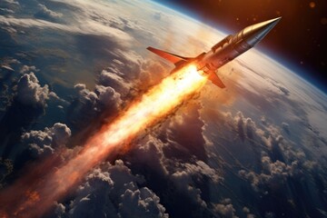 Obraz premium high-speed rocket leaving earths atmosphere