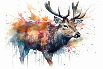 Majestic Stag: A striking watercolor deer with a magnificent set of antlers. This regal creature is captured in motion, leaping gracefully against a white background, Animals Water 