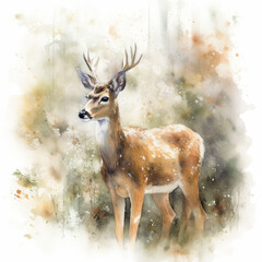 "Serene Wilderness": Animals Watercolor, 3:2 Description: A serene depiction of a watercolor deer in its natural habitat. The tranquil atmosphere is brought to life through soft, m 