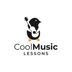 enguin and guitar combination logo character. It is suitable for use as a music course logo or something like that.