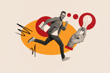 Composite photo collage of funny funky man running hold laptop have great idea for business...