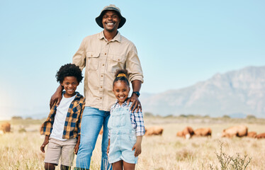 Family, portrait and people with animals in nature on holiday, travel and adventure in safari....