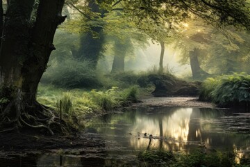 misty morning in a serene woodland setting