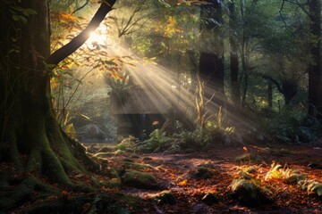 sun rays illuminating a secluded forest glade