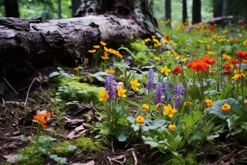 forest floor carpeted with colorful wildflowers