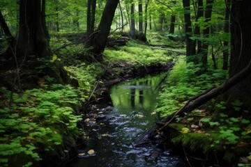 a small stream flowing gently through the forest