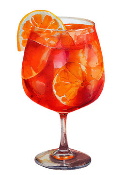 Alcoholic cocktail aperol sprits with ice cubes, lime, lemon, orange, mint in a watercolor technique. Cooling summer drink with ice in a red glass. High quality illustration