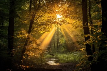 rays of golden sunset light illuminating the woods