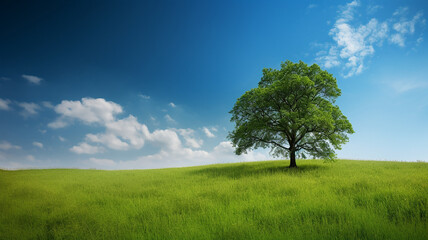 Green Field Tree Blue Sky great Background web, Ai Generate.