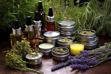 herbal salves and balms in tins with their ingredient plants nearby - obrazy, fototapety, plakaty
