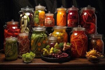 Fototapeta na wymiar glass jars filled with preserved fruits and vegetables
