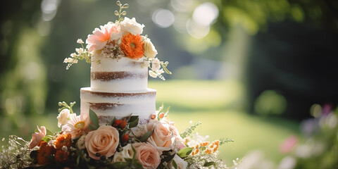 wedding cake with flowers in the garden
