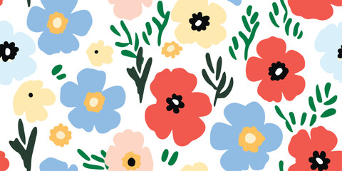 Beautiful vector minimalist seamless pattern with cute colorful abstract flowers. Modern floral pattern. Collage contemporary seamless pattern. Hand drawn pattern