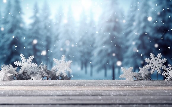 Christmas background with snowflakes on wooden table and bokeh
