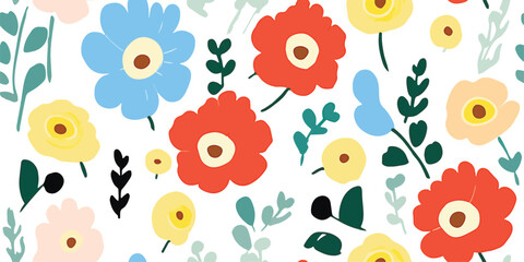 Beautiful vector minimalist seamless pattern with cute colorful abstract flowers. Modern floral pattern. Collage contemporary seamless pattern. Hand drawn pattern