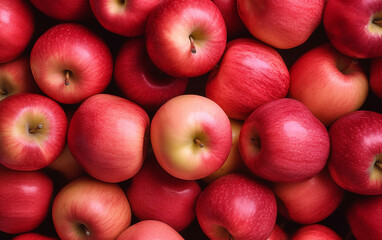Top view of bright ripe fragrant pink lady apples background