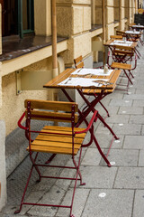 Row of tables and chairs at a roadside cafeteria