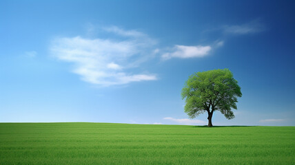 Fototapeta na wymiar Beautiful landscape, Green Field Single Tree Blue Sky, Web Background, Ai Generate.