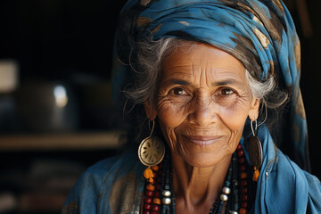 Portrait ethnique d'une femme de 60-70 ans avec un turban bleu et des boucles d'oreille, regard intense