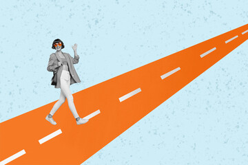 Photo composition template collage of young funny woman walking crossing road way waves palm hello...