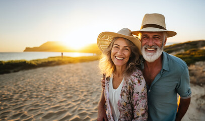 Couple d'une homme et d'une femme de 50-60 ans heureux et amoureux, souriant sur la plage avec un chapeau