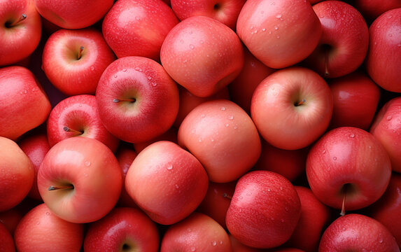 Top view of bright ripe fragrant pink lady apples background