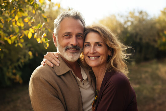 Couple d'une homme et d'une femme de 50-60 ans heureux et amoureux, souriant