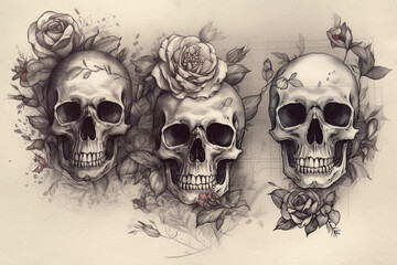 Skull and roses, Tattoo Sketches,  - obrazy, fototapety, plakaty