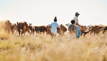 Cattle, father and children on family farm outdoor with freedom, sustainability and livestock. Black man and kids walking on a field for farmer adventure or holiday in countryside with cows in Africa