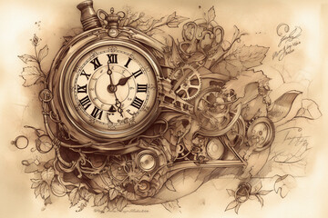 Steampunk clock, Tattoo Sketches,  - obrazy, fototapety, plakaty