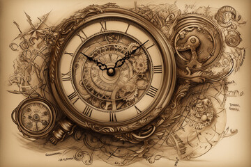 Steampunk clock, Tattoo Sketches,  - obrazy, fototapety, plakaty