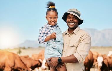 Animals, father and daughter or family on farm outdoor for cattle, holiday and travel. Happy black man and child smile on a field for farmer adventure or trip in countryside with cows in Africa