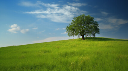 Fototapeta na wymiar Beautiful landscape, Green Field Lonely Tree Blue Sky, Web Background, Ai Generate.