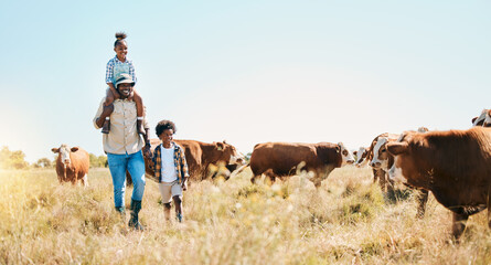 Fototapeta Cattle farm, father and children or family outdoor for travel, sustainability and holiday. Black man and kids walking on a field for farmer adventure in countryside with cows and banner in Africa obraz