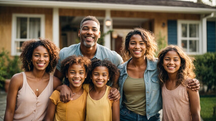 Fototapeta premium A happy, multi-ethnic family beams from the front of their house.