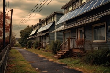 row of solar panels in a suburban neighborhood