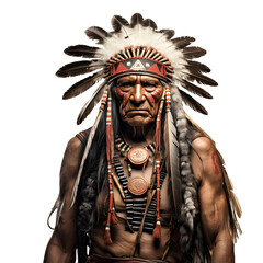 Fototapeta premium Portrait of tribal Indian warrior, native American tribe male isolated on transparent white background, mature man of ancient civilization
